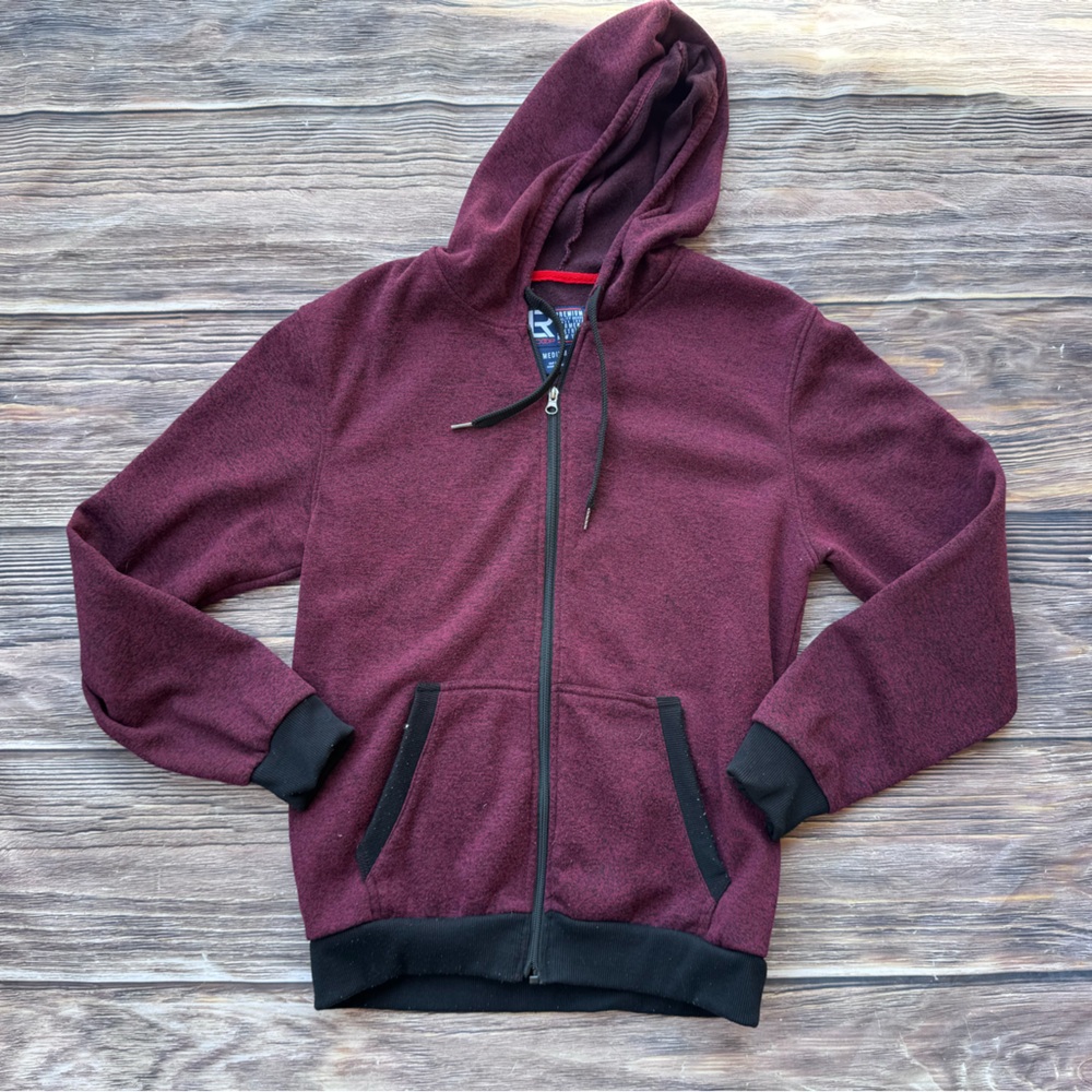 GUC LR Scoop Men’s Full Zip Hoodie SZ M Burgundy Black Trim Fleece
